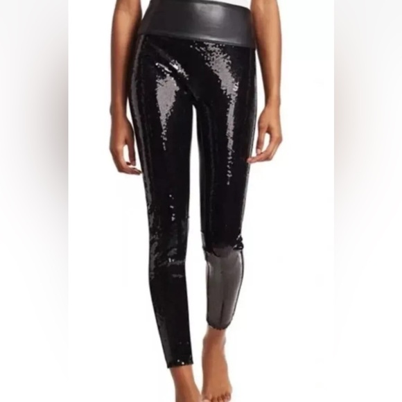 Spanx Faux Leather Shimmery Sequin Sparkly Black Leggings Sz XS